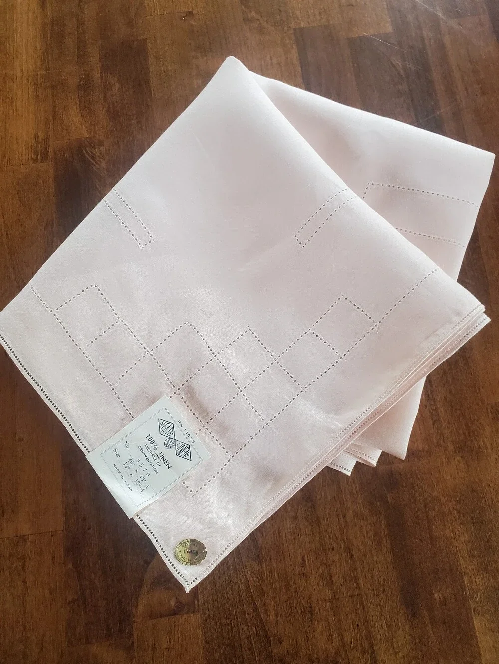 Vintage Pale Pink Open Work Hemstitched Linen Tablecloth 40